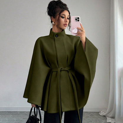 Women's Belted Cape Coat Stand Collar Wool Jacket