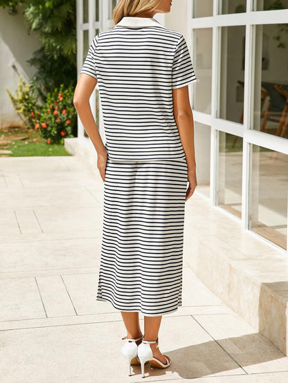 Striped Collared Top Slit Skirt Set Casual 2 Piece