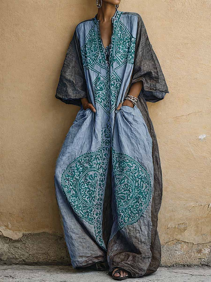 Womens Boho Printed Wide Leg Jumpsuit Loose 3/4 Sleeve