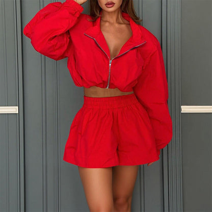 Women's Zip Up Crop Top Shorts Set Long Sleeve Fall Outfit