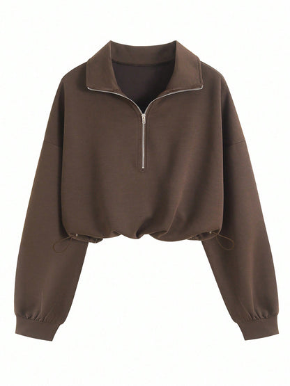 Women's Cropped Quarter Zip Drawstring Waist Sweatshirt