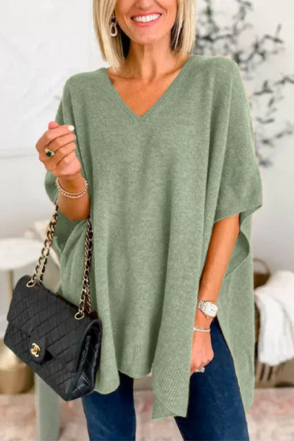 Women's Oversized V-Neck Batwing Sleeve Knit Poncho Sweater