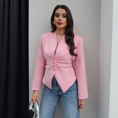 Women's V-Neck Cinched Waist Blazer Asymmetric Hem