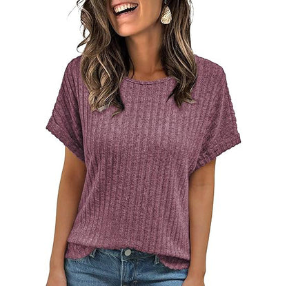 Women's Ribbed Crew Neck Short Sleeve Loose Fit T-Shirt