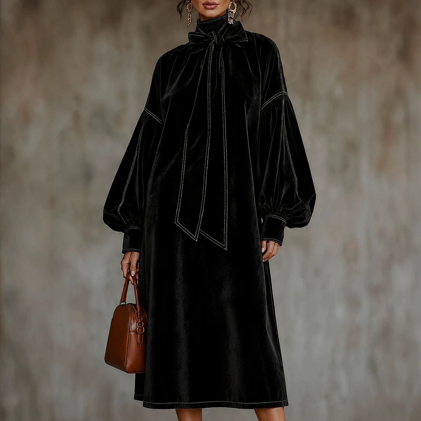 Elegant Velvet Tie Neck Midi Dress Long Puff Sleeve