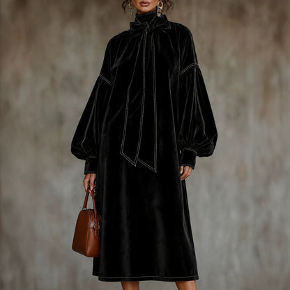 Elegant Velvet Tie Neck Midi Dress Long Puff Sleeve