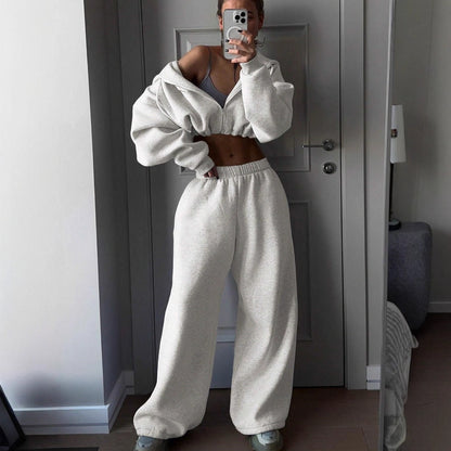Women's 2 Piece Crop Zip Hoodie Sweatpants Set