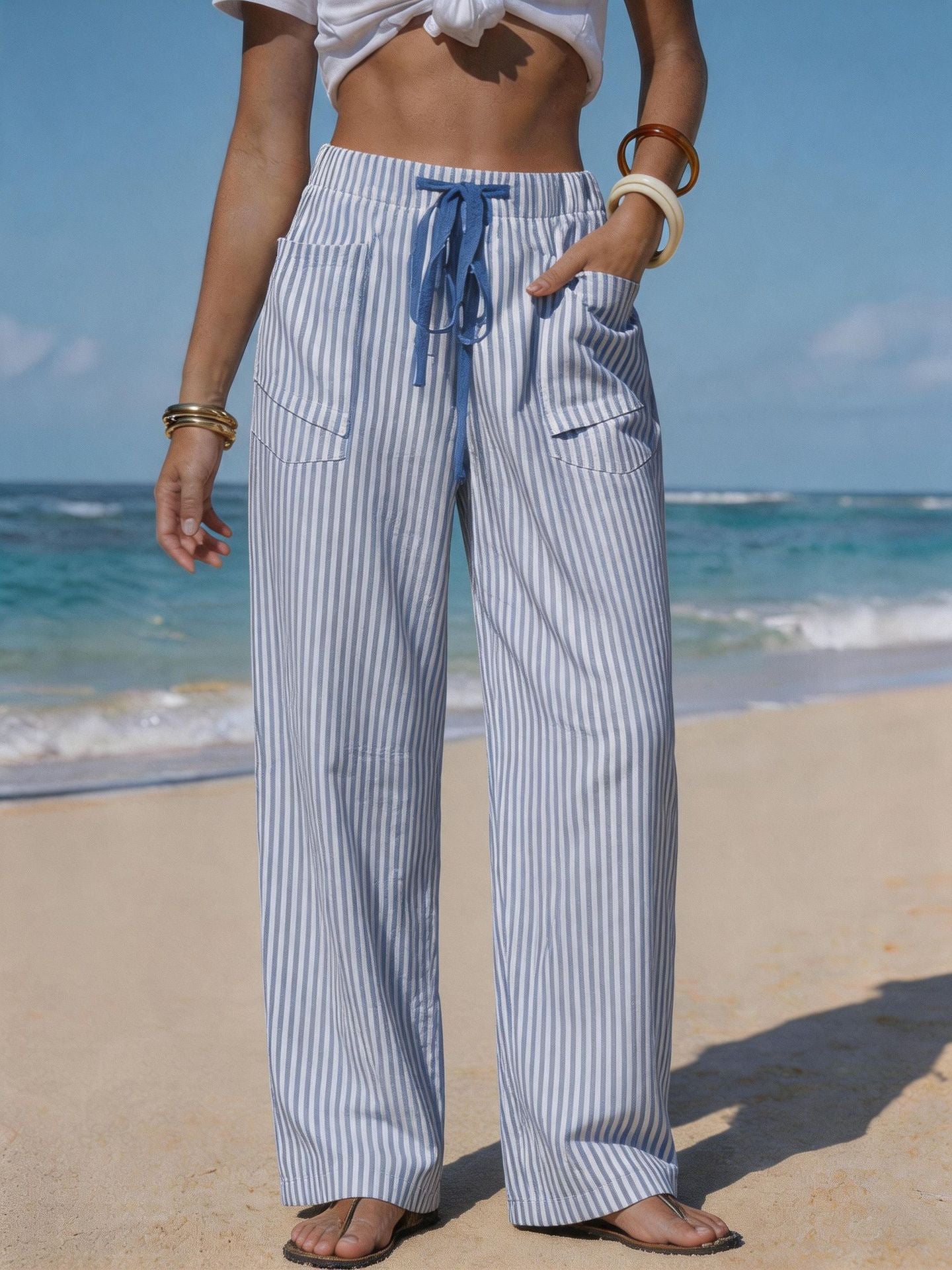 Women's Striped Linen Wide Leg Pants Drawstring Beach