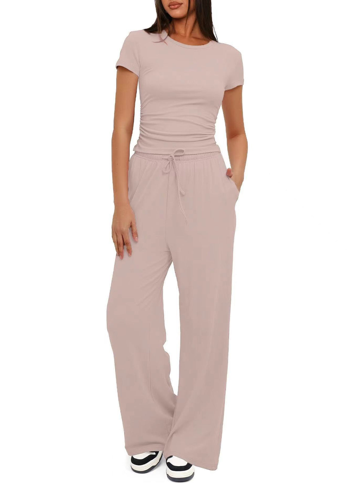Women's Ruched Top Wide Leg Pants Two Piece Lounge Set