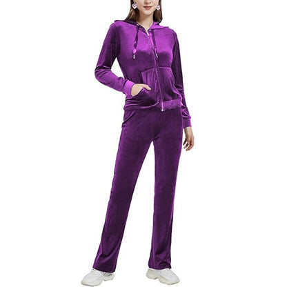 Women's Velvet Zip Hoodie Wide Leg Pants Set