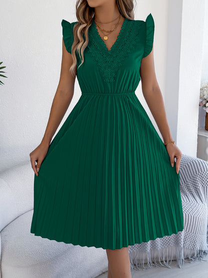 Lace V Neck Pleated Midi Dress with Ruffle Sleeves