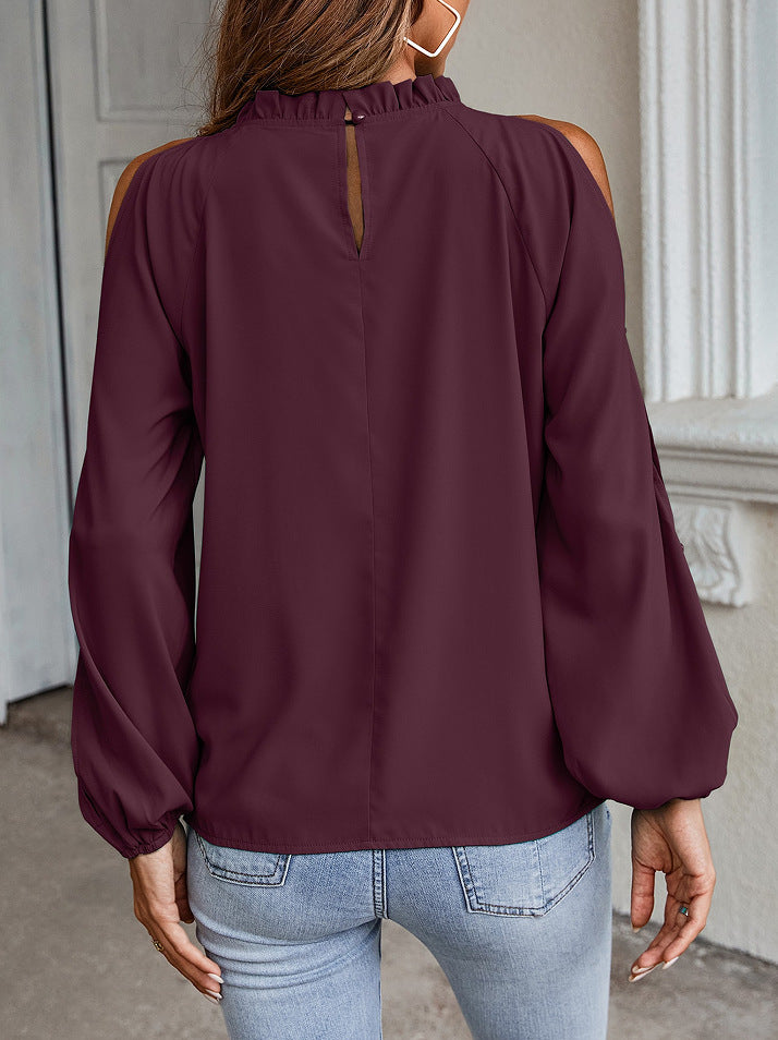 Ruffle Mock Neck Cold Shoulder Chiffon Blouse