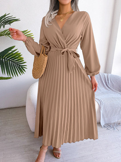 V-Neck Wrap Pleated Maxi Dress Long Sleeve Tie Waist