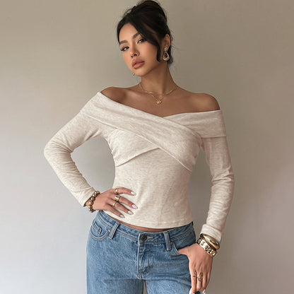 Off Shoulder Wrap Top Long Sleeve Fitted Knit