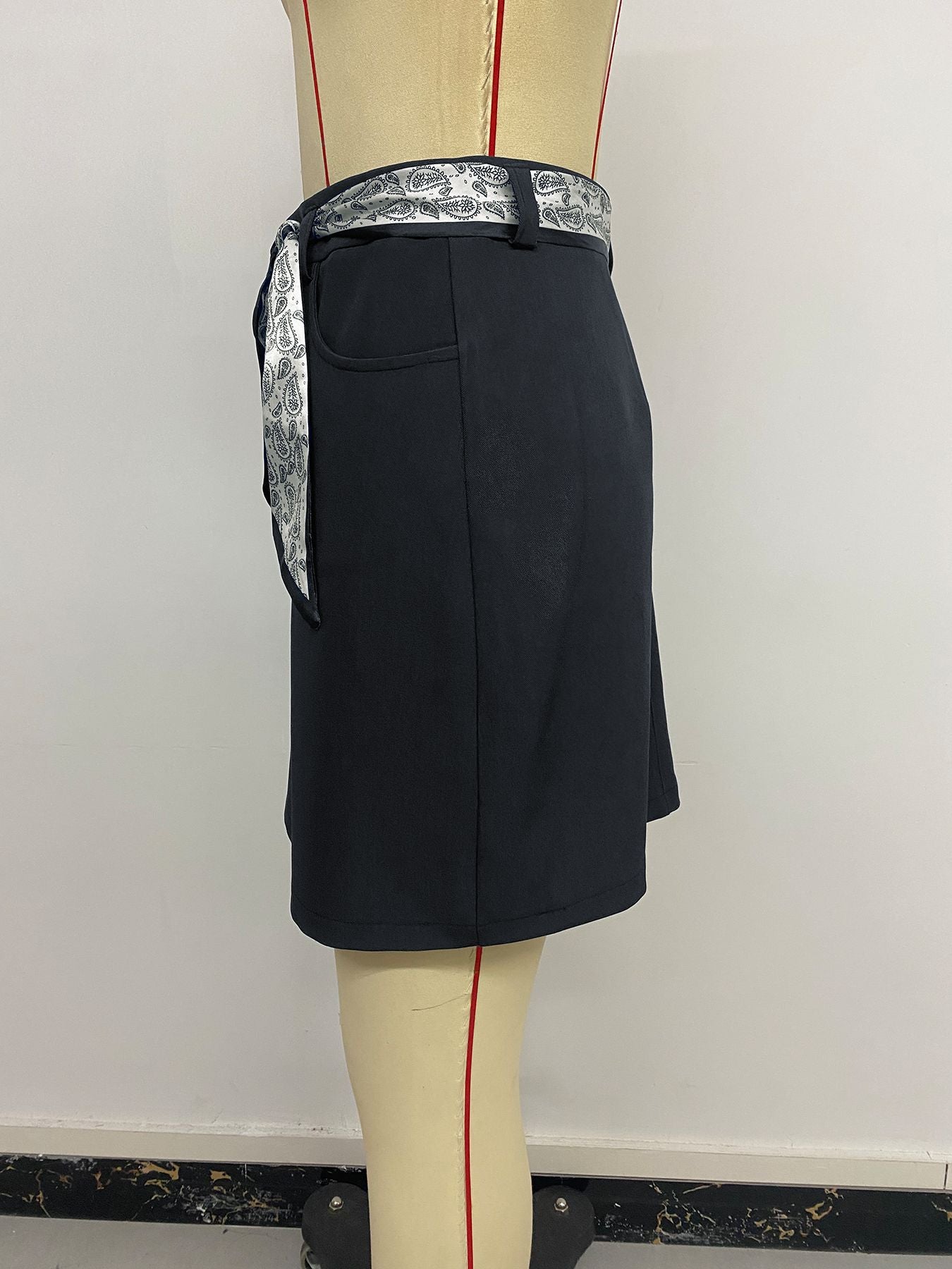 Belted High Waist Pencil Skirt Bodycon Mini Vintage Navy
