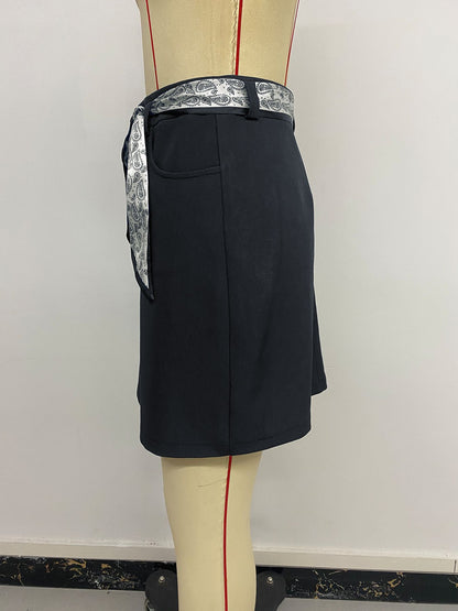 Belted High Waist Pencil Skirt Bodycon Mini Vintage Navy