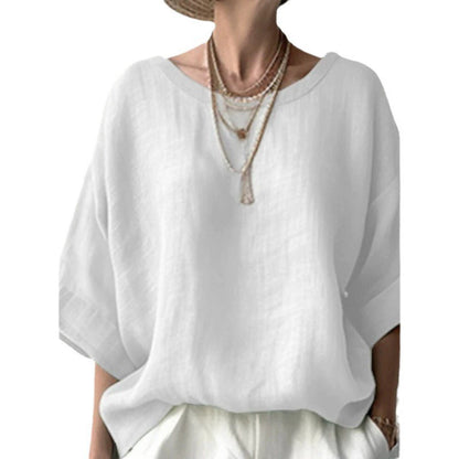 Oversized Linen Blend Drop Shoulder Boho Pullover Blouse