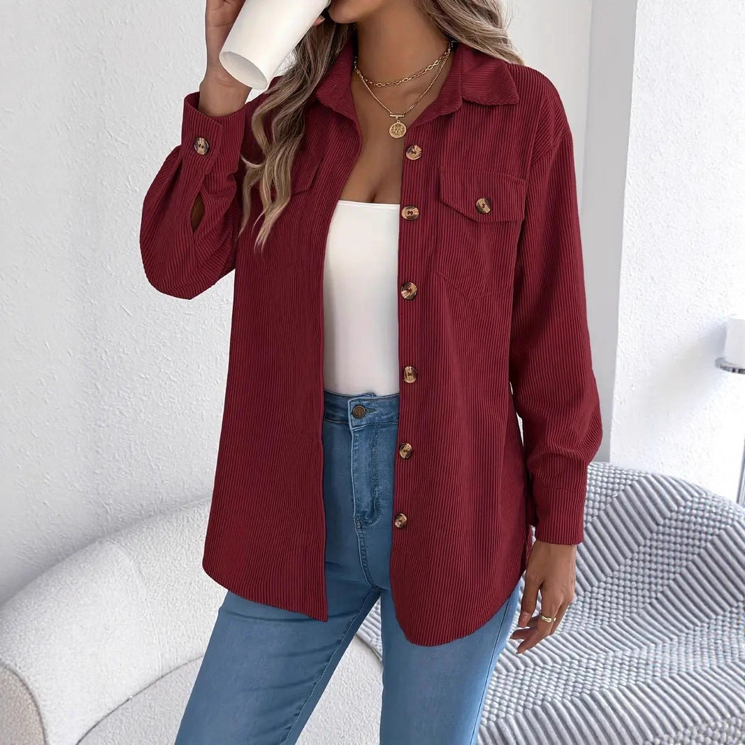 Corduroy Shacket Women Oversized Button Down Pocket