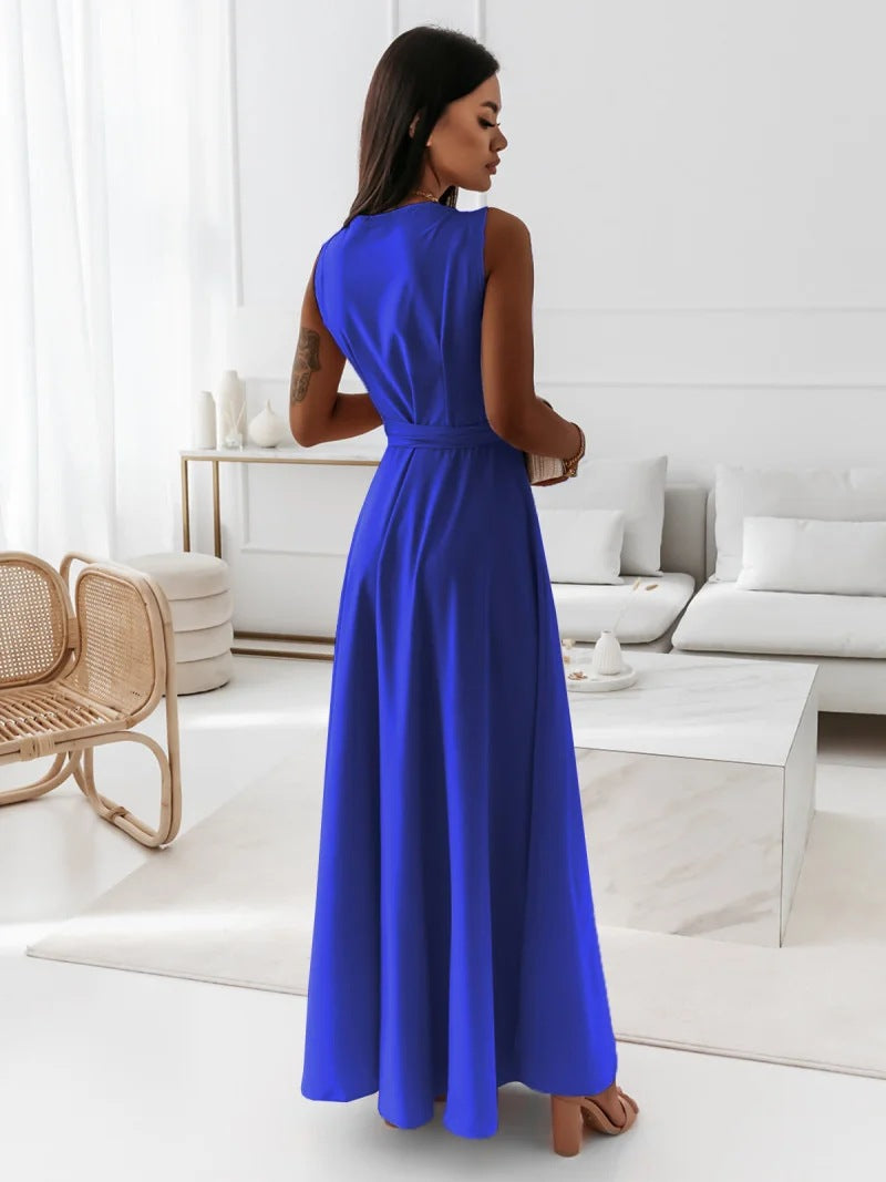 Women's Sleeveless V-Neck Belted A-Line Maxi Dress