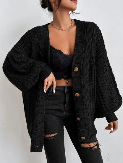Oversized Cable Knit V-Neck Balloon Sleeve Cardigan