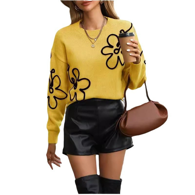 Women's Floral Crewneck Long Sleeve Oversized Knit Sweater