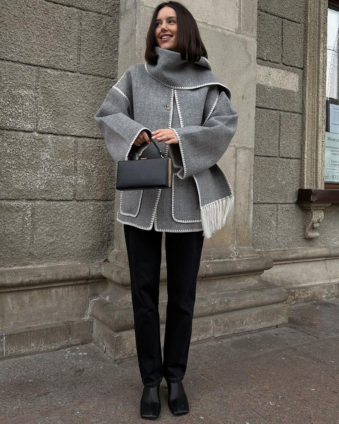 Women's Oversized Faux Wool Scarf Coat With Fringe
