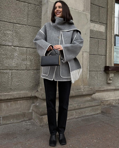 Women's Oversized Faux Wool Scarf Coat With Fringe