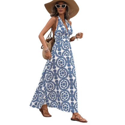 Halter Neck Maxi Dress Open Back Vacation Beach Dress
