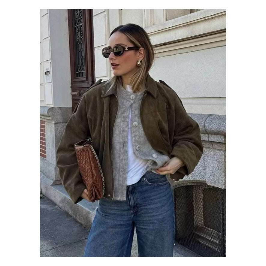 Womens Faux Suede Bomber Jacket Zip Up Collared