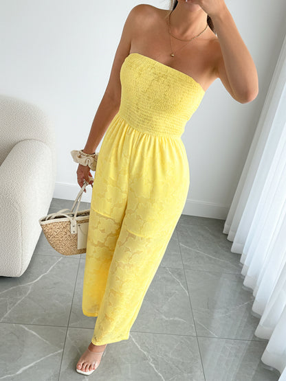 Yellow Lace Strapless Jumpsuit Sheer Wide Leg Summer