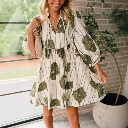Floral V-Neck Puff Sleeve Midi Dress Tie Waist Boho Flowy