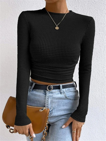 Women's Ruched Waffle Knit Long Sleeve Crop Top