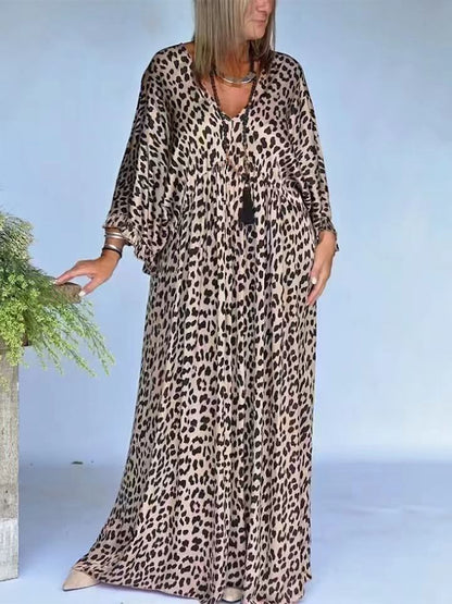 Leopard Print Maxi Dress V-Neck Batwing Sleeve