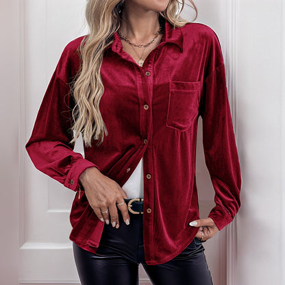 Velvet Button Down Lantern Sleeve Collared Blouse