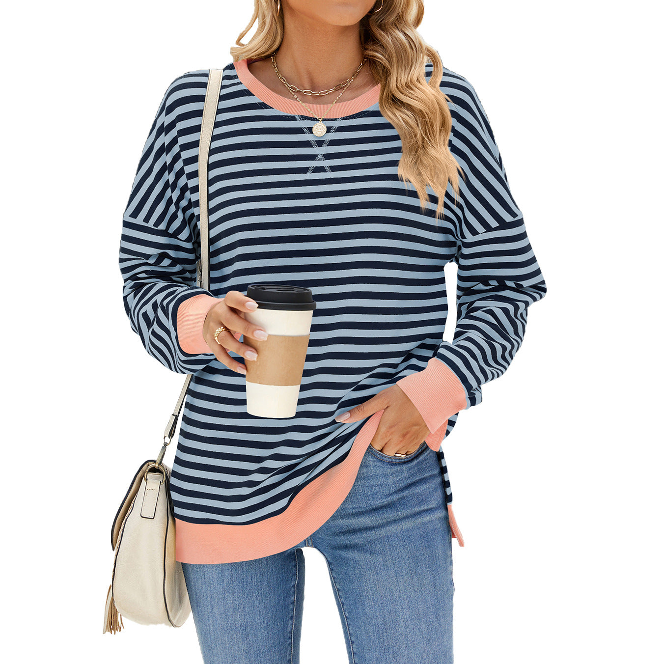 Oversized Striped Sweatshirt Contrast Trim Side Slit Top
