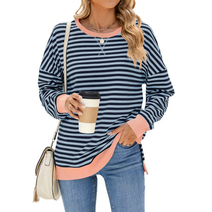 Oversized Striped Sweatshirt Contrast Trim Side Slit Top