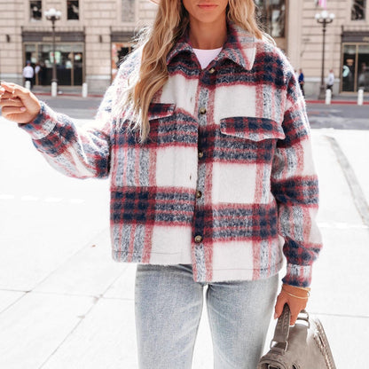 Plaid Button-Up Cropped Wool Blend Jacket with Pockets