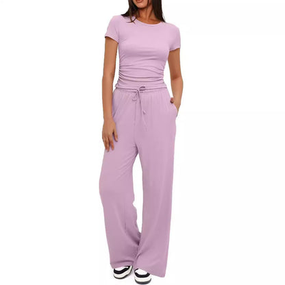 Women's Ruched Top Wide Leg Pants Two Piece Lounge Set