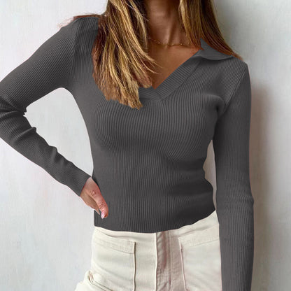 Women's Ribbed Collared V-Neck Long Sleeve Fitted Top