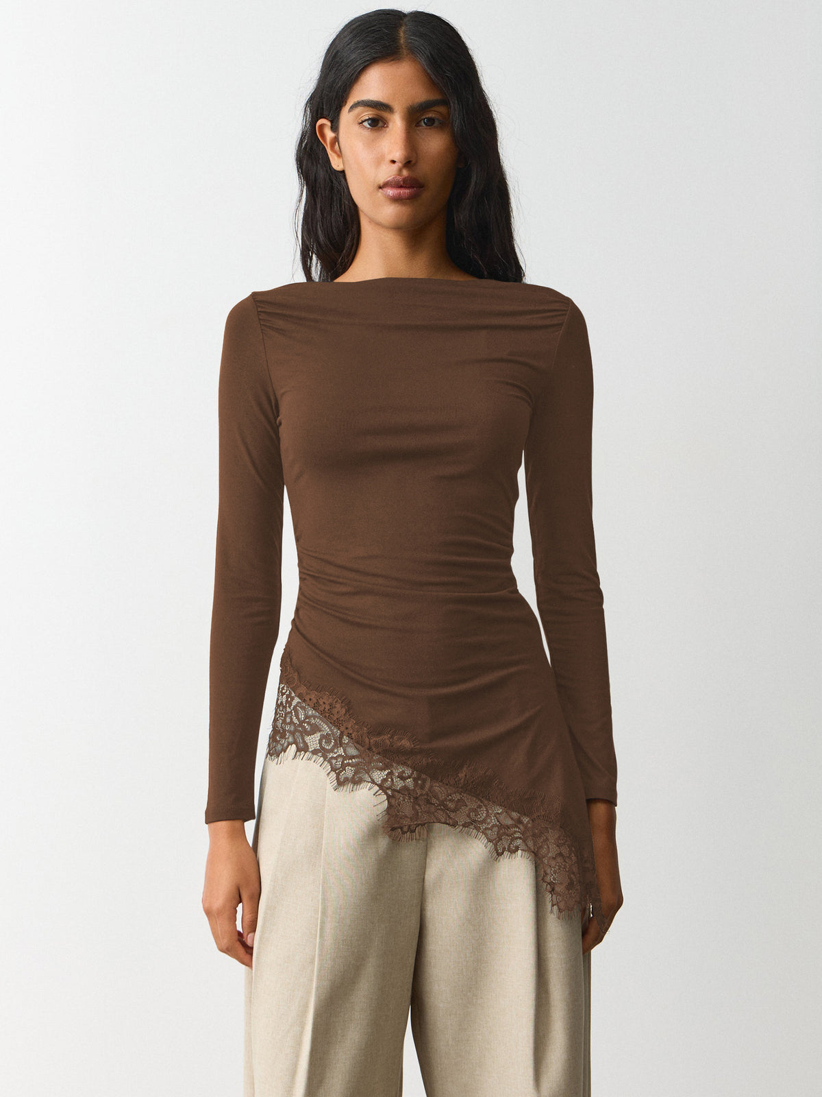 Lace Trim Long Sleeve Fitted Sexy Going Out Top