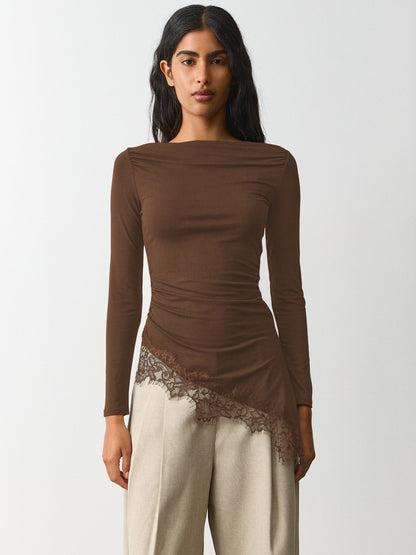 Lace Trim Long Sleeve Fitted Sexy Going Out Top