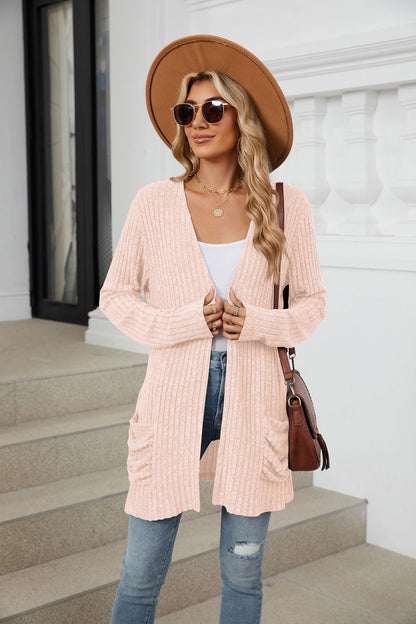 Simple Pocketed Long Sleeve Cardigan Knit Top