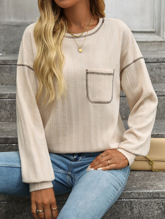Solid Color Ribbed Brushed Long Sleeve Pocket Casual Tee