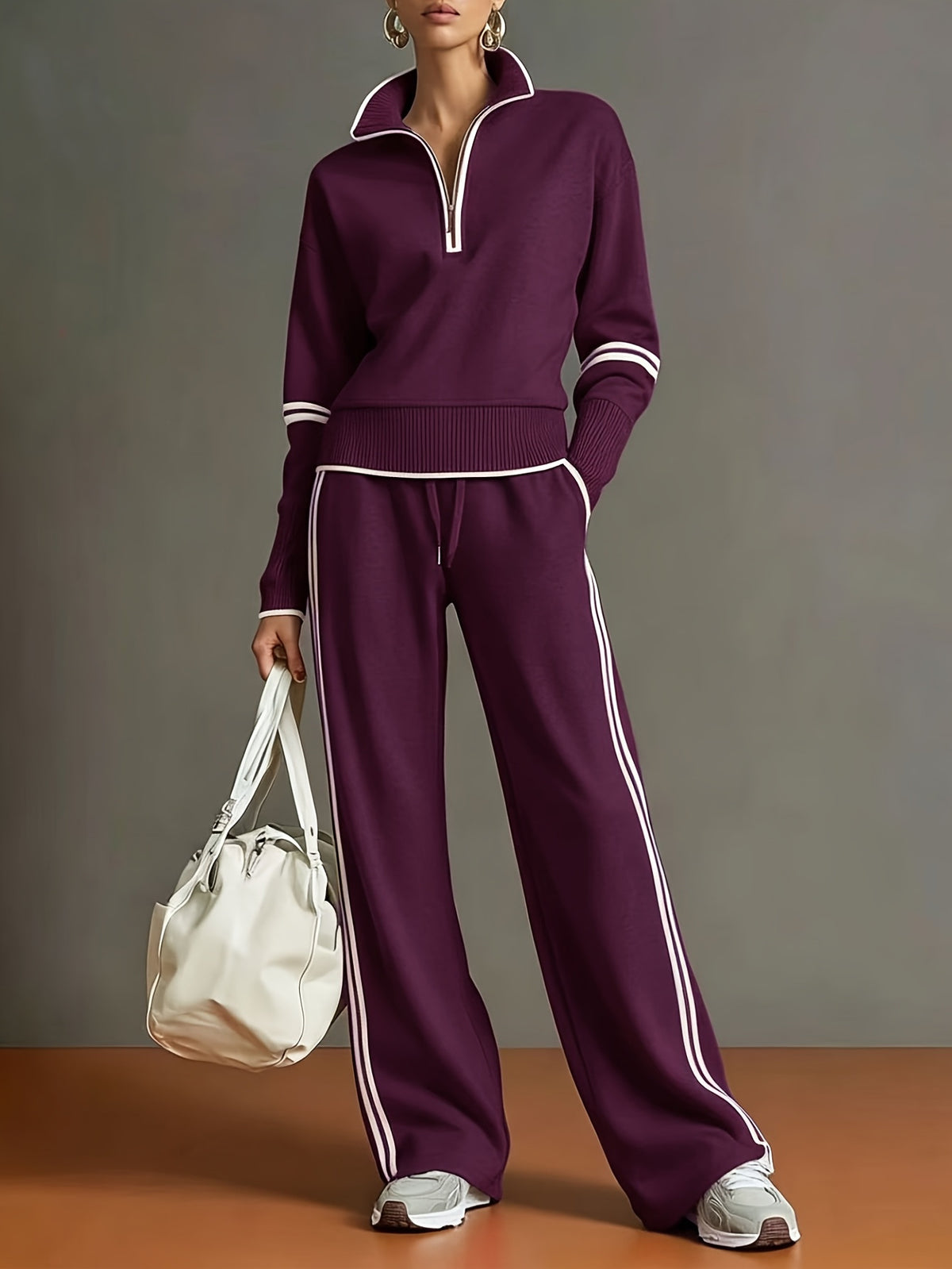 Women's Half Zip Sweatshirt Wide Leg Pants Matching Set