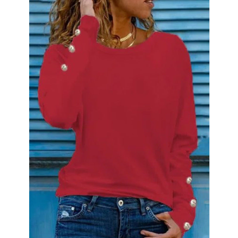 Women's Cotton Long Sleeve Crew Neck Button Detail Top