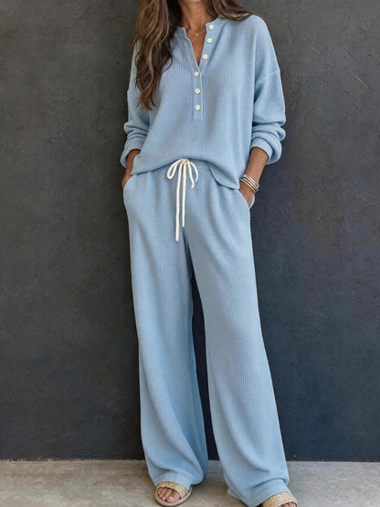 Waffle Knit Two Piece Lounge Set Wide Leg Pants