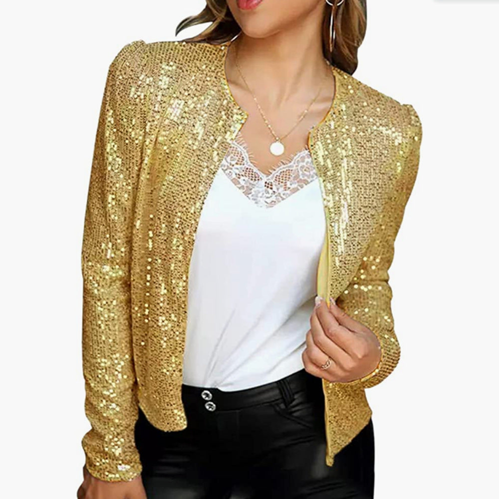 Women's Sequin Zip Up Cropped Jacket Stand Collar
