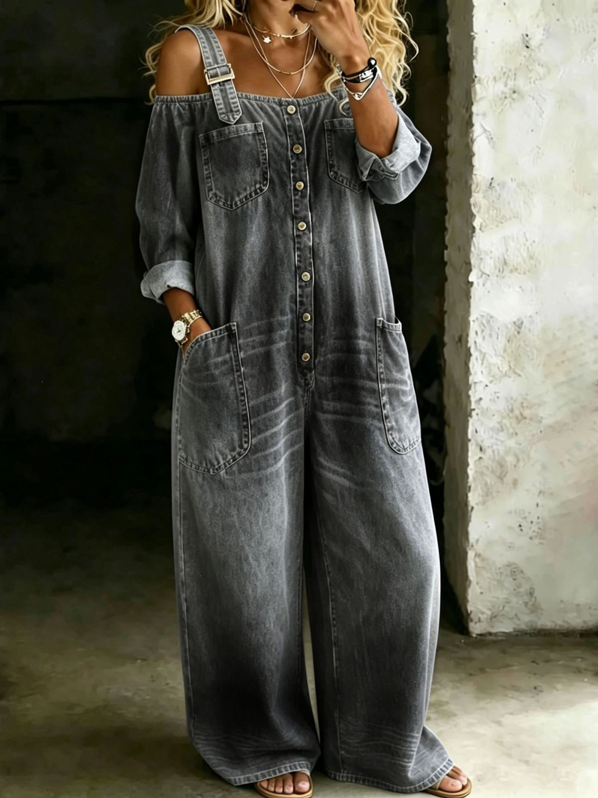 Women's Off Shoulder Denim Overalls Button Front Wide Leg