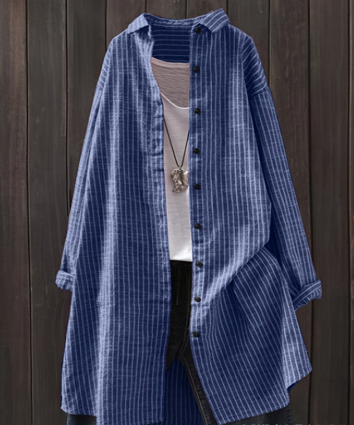 Women's Oversized Striped Long Sleeve Button Down Shirt