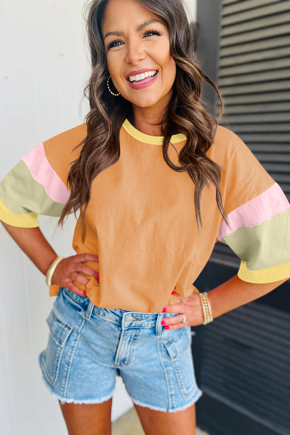 Colorblock Cotton Tee Loose Crew Neck Short Sleeve